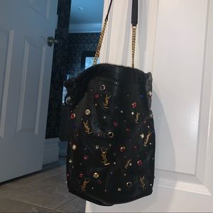 YSL Teddy Stone-Stud Leather Drawstring Bucket Bag